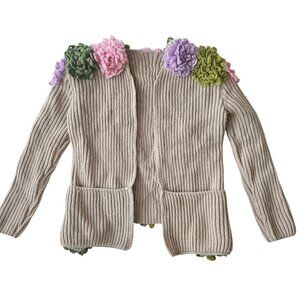 Handmade Beige Open-Front Knit Cardigan Upcycled With Floral Crochet Accents